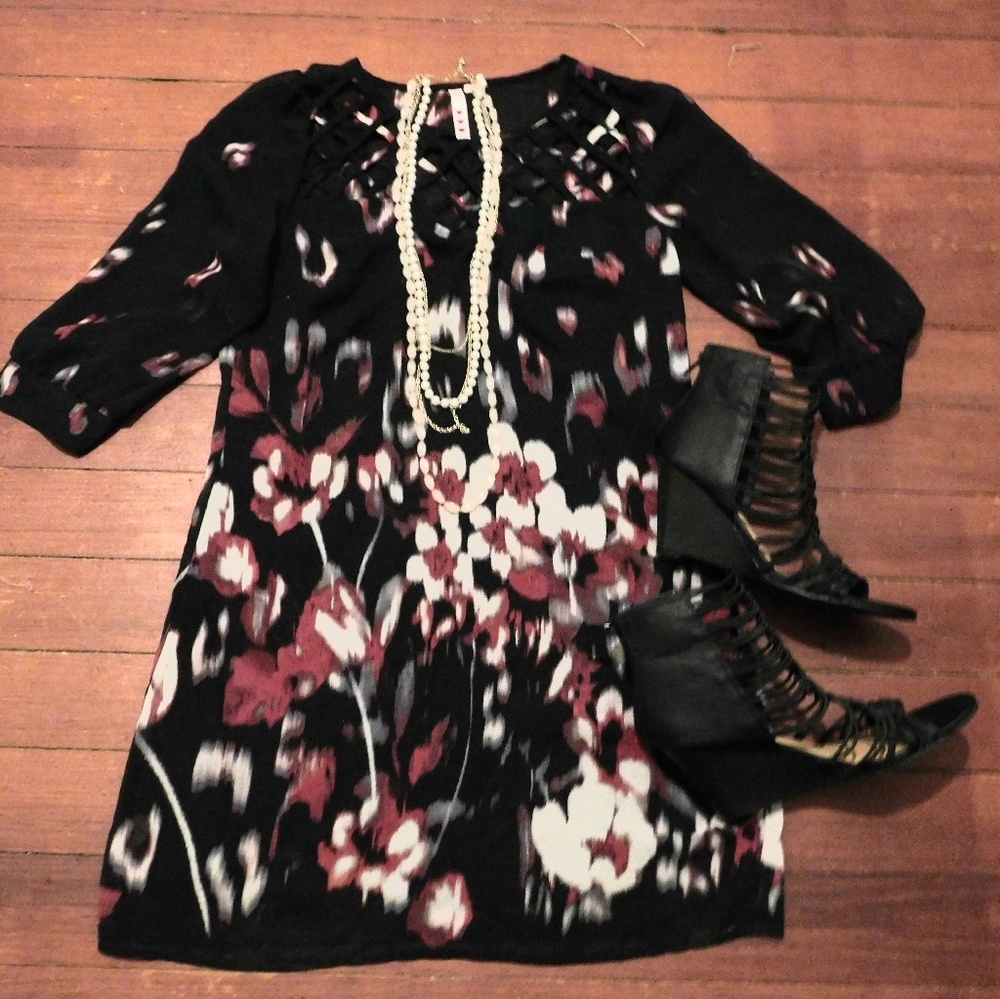Three Hearts Black and Red Floral Mini Dress